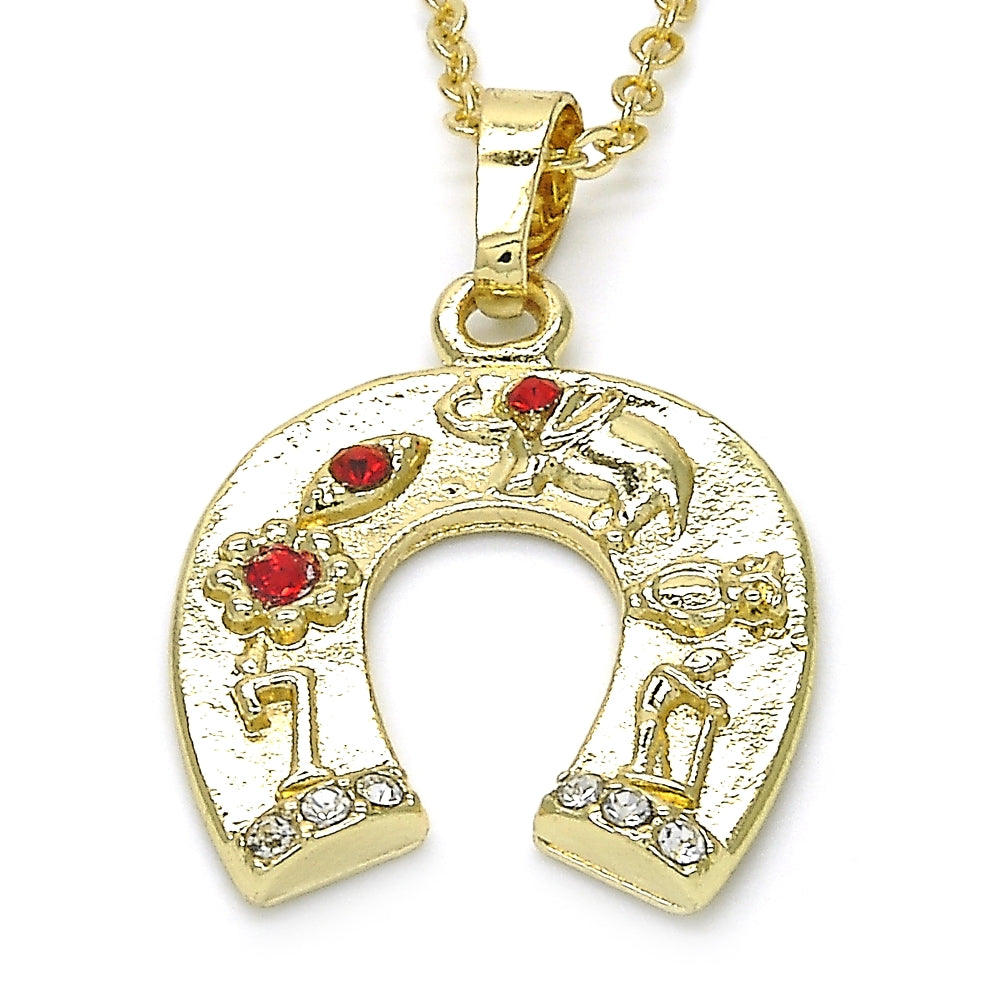 Oro Laminado Fancy Pendant, Gold Filled Style Elephant and Flower Design, with Garnet and White Crystal, Polished, Golden Finish