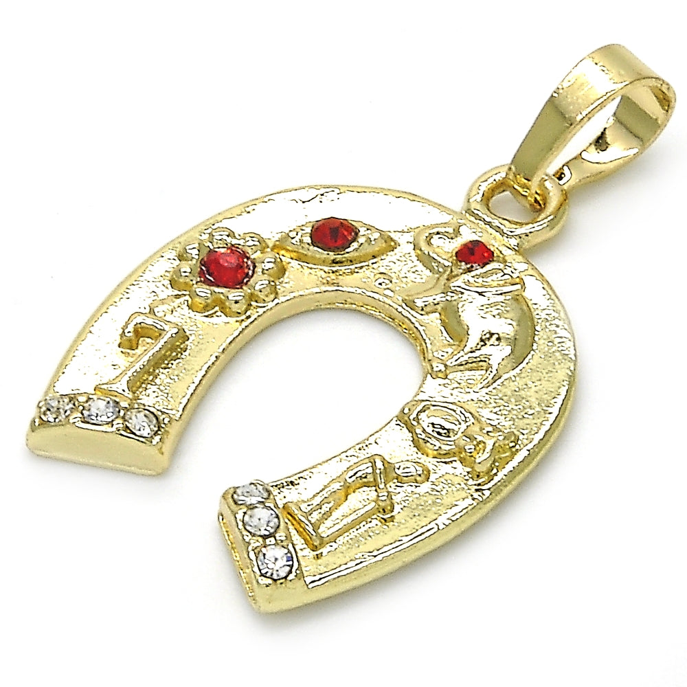 Oro Laminado Fancy Pendant, Gold Filled Style Elephant and Flower Design, with Garnet and White Crystal, Polished, Golden Finish
