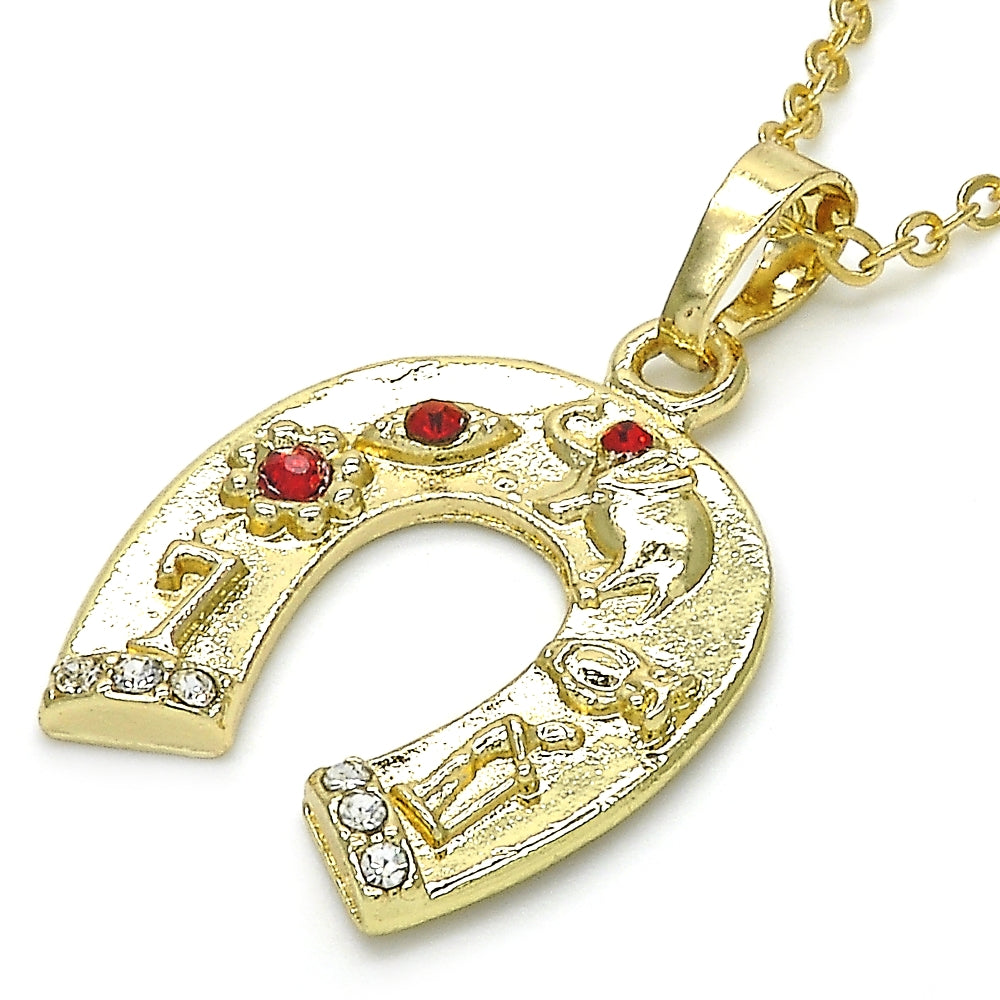 Oro Laminado Fancy Pendant, Gold Filled Style Elephant and Flower Design, with Garnet and White Crystal, Polished, Golden Finish