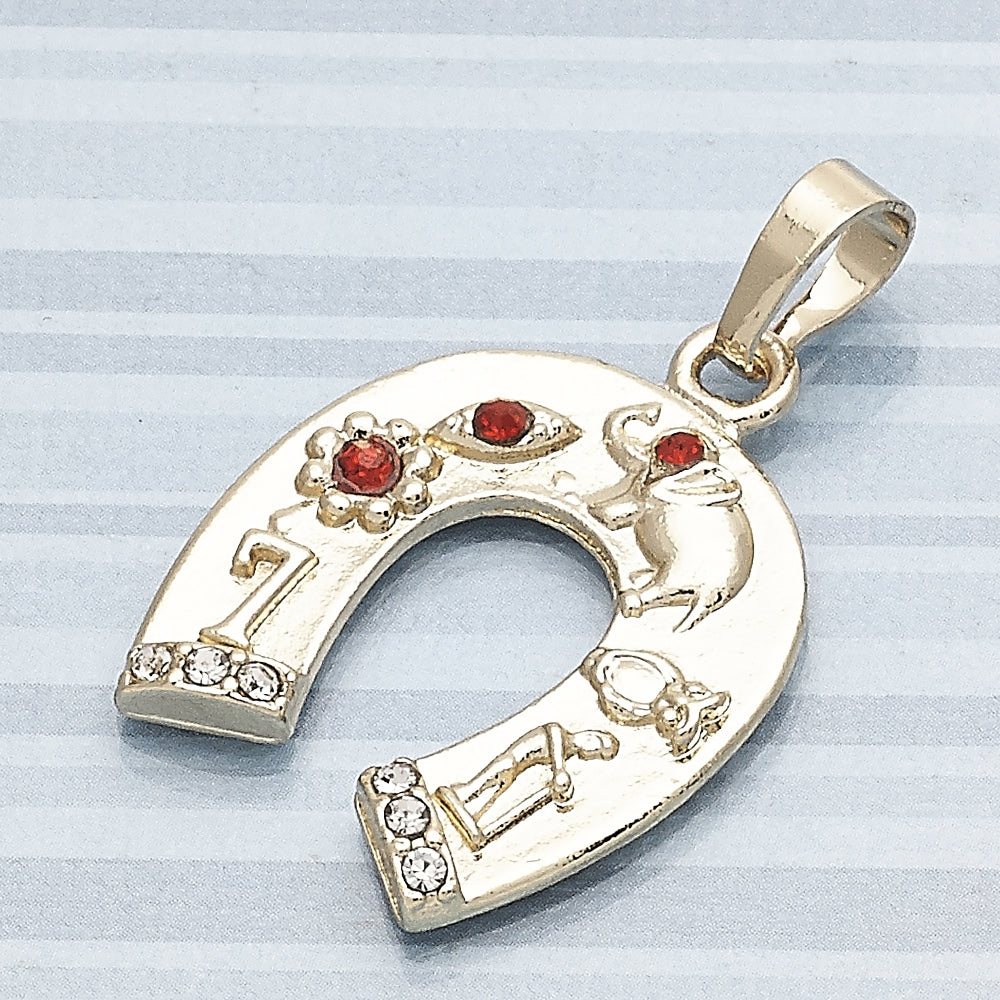 Oro Laminado Fancy Pendant, Gold Filled Style Elephant and Flower Design, with Garnet and White Crystal, Polished, Golden Finish