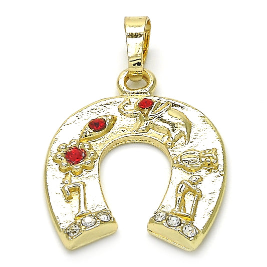 Oro Laminado Fancy Pendant, Gold Filled Style Elephant and Flower Design, with Garnet and White Crystal, Polished, Golden Finish