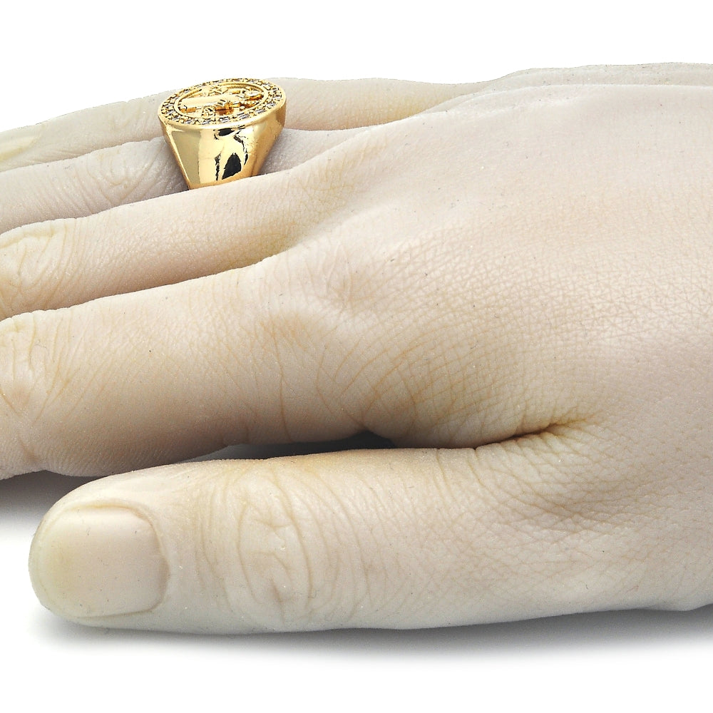 Oro Laminado Mens Ring, Gold Filled Style San Benito Design, with White Cubic Zirconia, Polished, Golden Finish