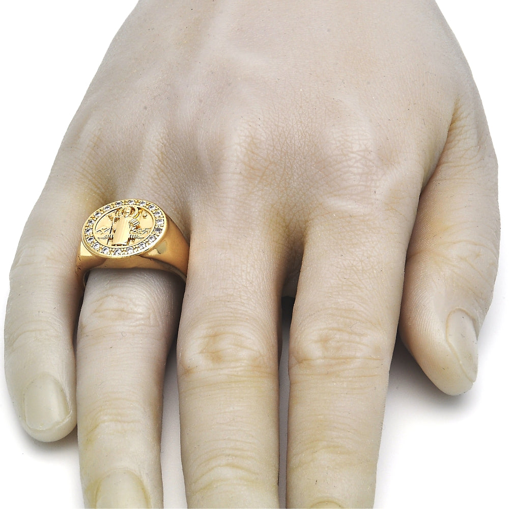 Oro Laminado Mens Ring, Gold Filled Style San Benito Design, with White Cubic Zirconia, Polished, Golden Finish