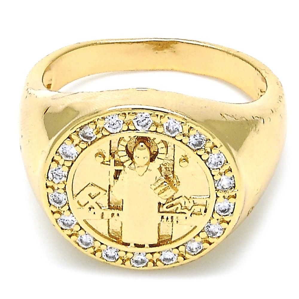 Oro Laminado Mens Ring, Gold Filled Style San Benito Design, with White Cubic Zirconia, Polished, Golden Finish