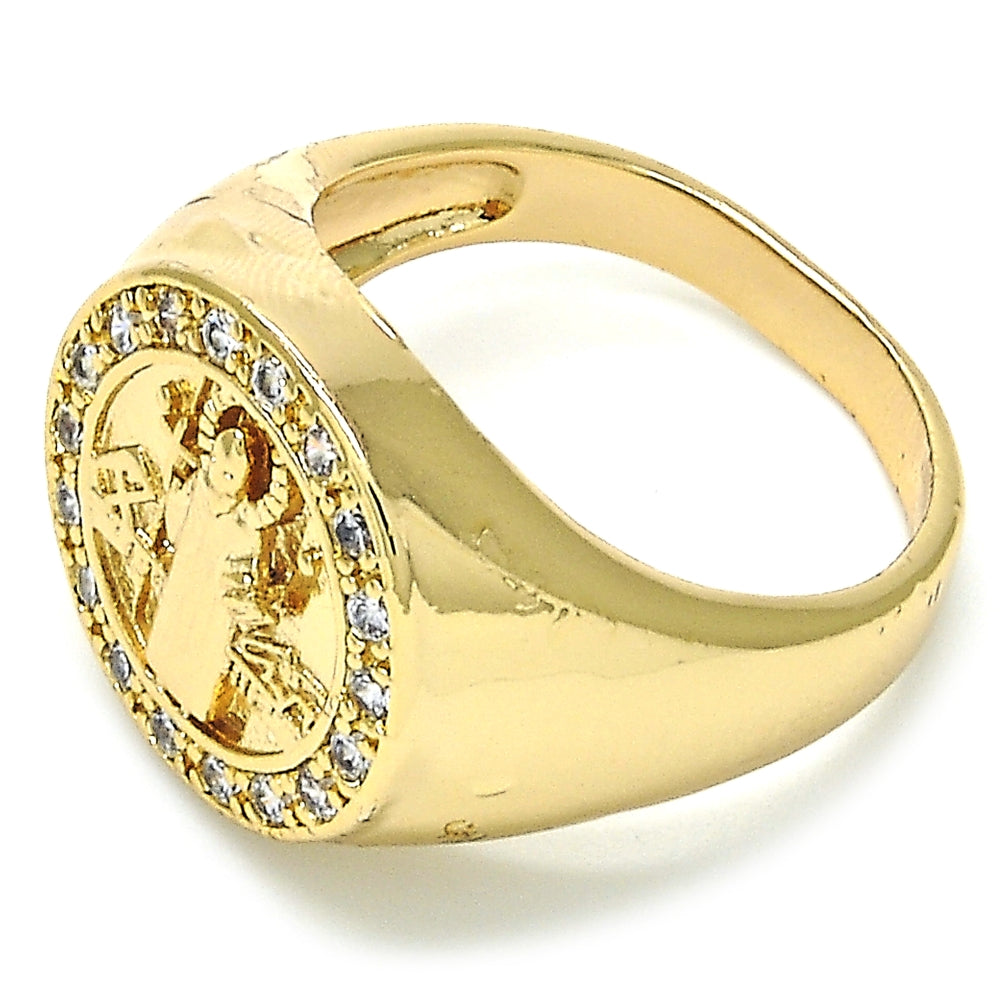 Oro Laminado Mens Ring, Gold Filled Style San Benito Design, with White Cubic Zirconia, Polished, Golden Finish