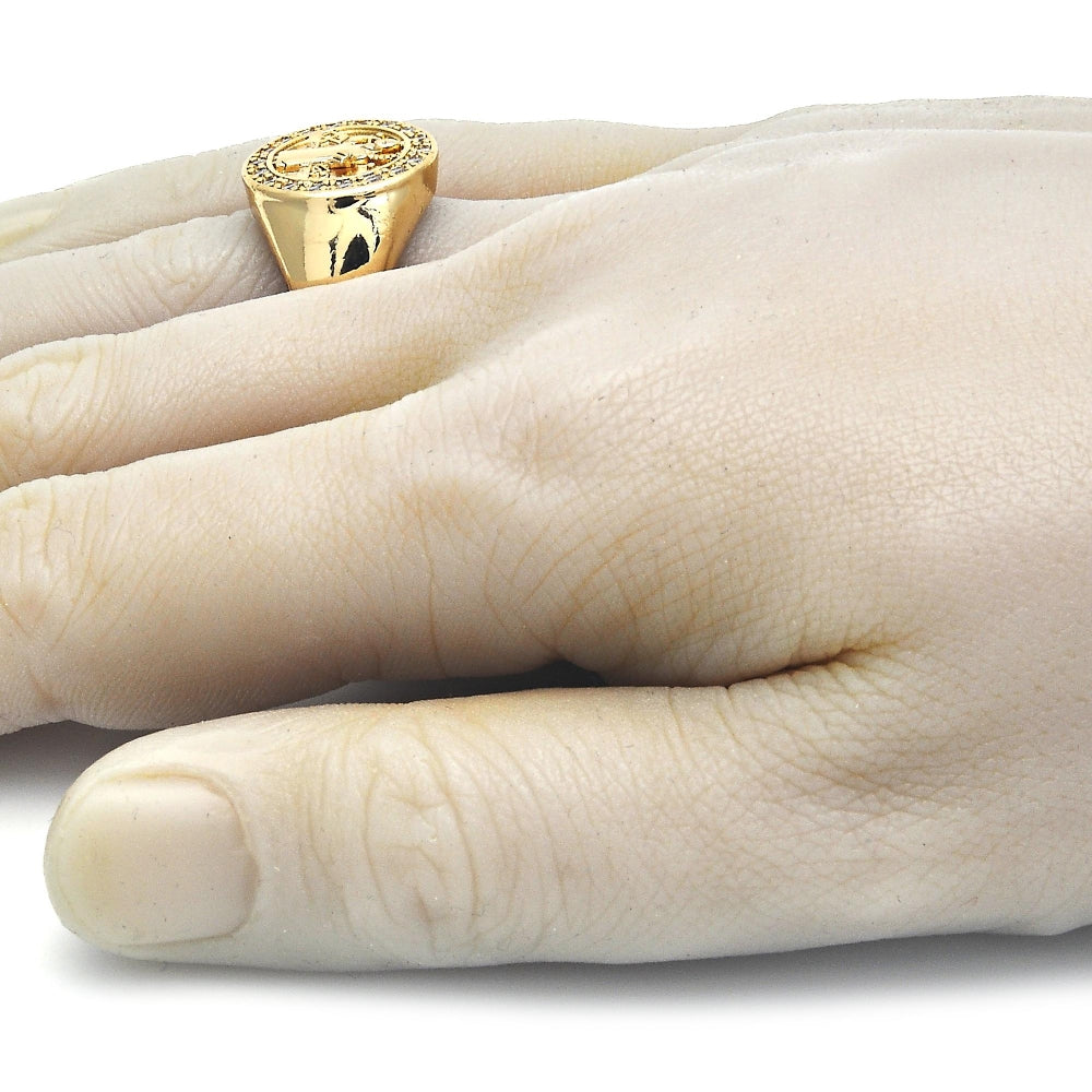 Oro Laminado Mens Ring, Gold Filled Style San Benito Design, with White Cubic Zirconia, Polished, Golden Finish