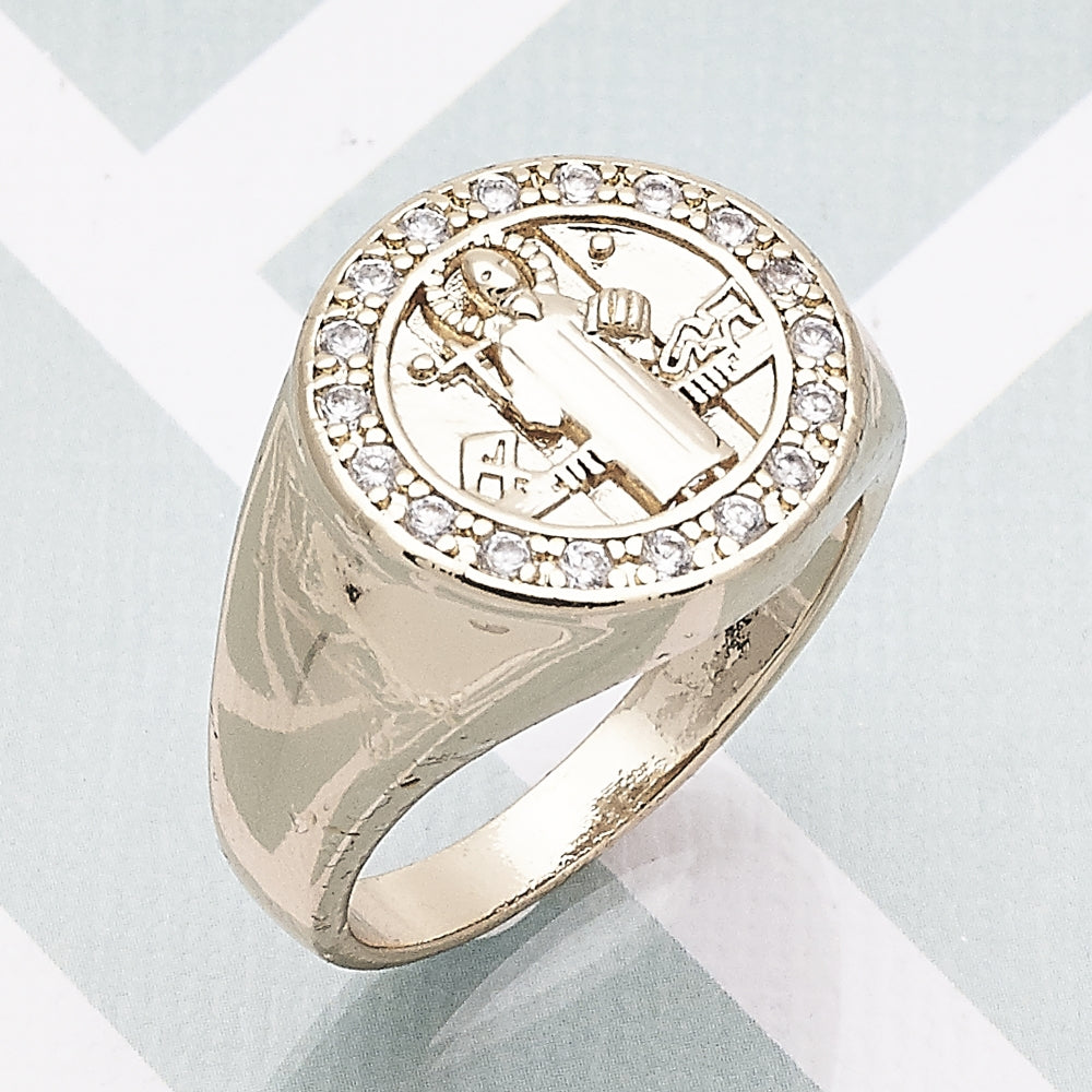 Oro Laminado Mens Ring, Gold Filled Style San Benito Design, with White Cubic Zirconia, Polished, Golden Finish