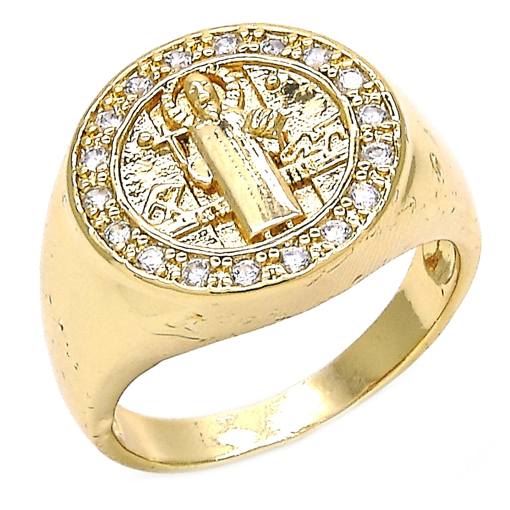 Oro Laminado Mens Ring, Gold Filled Style San Benito Design, with White Cubic Zirconia, Polished, Golden Finish