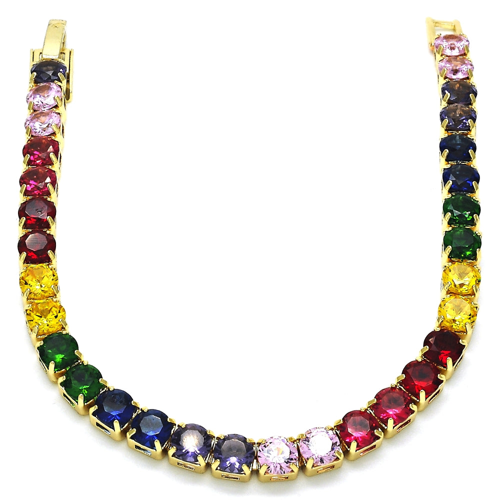 Oro Laminado Tennis Bracelet, Gold Filled Style with Multicolor Cubic Zirconia, Polished, Golden Finish