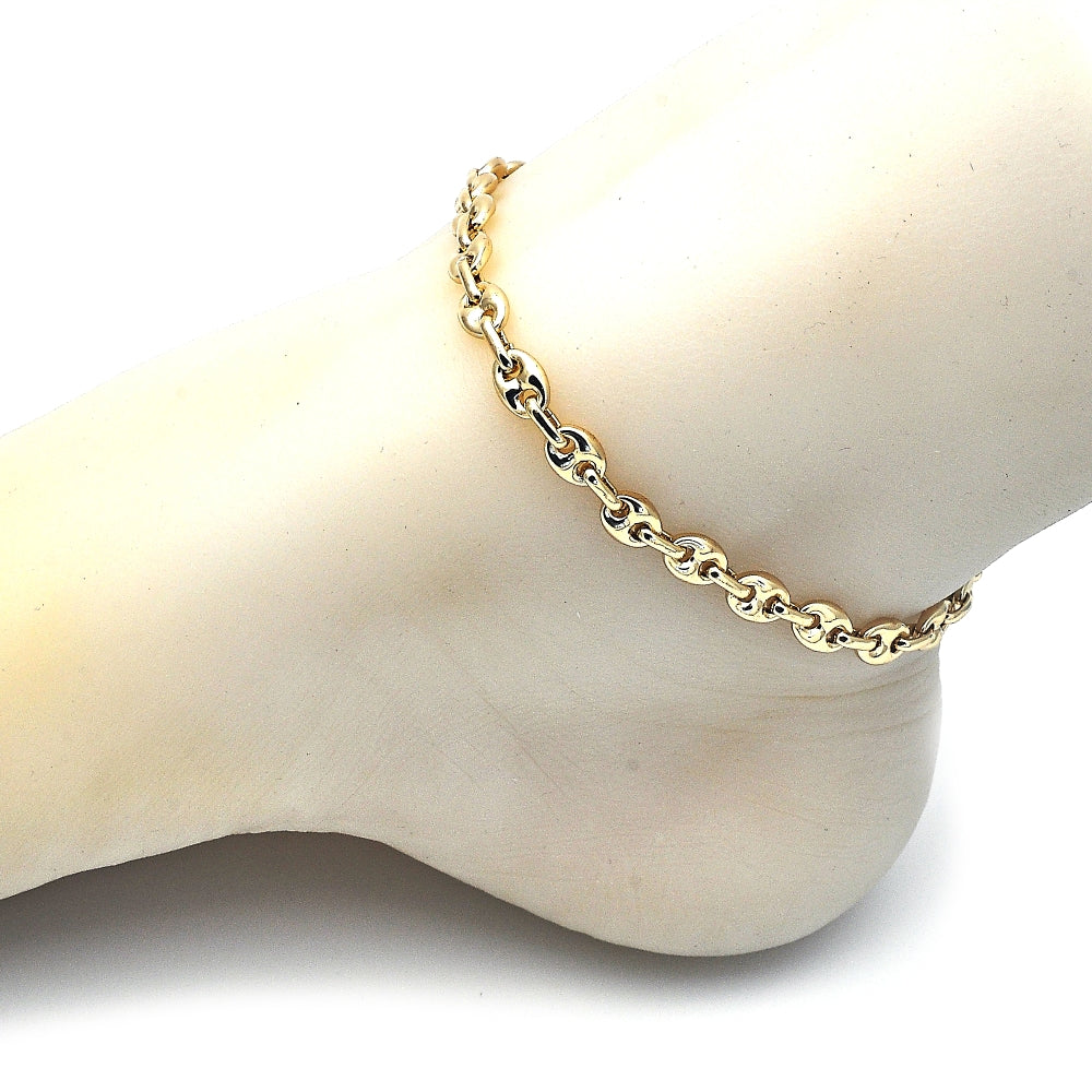 Oro Laminado Fancy Anklet, Gold Filled Style Puff Mariner Design, Polished, Golden Finish