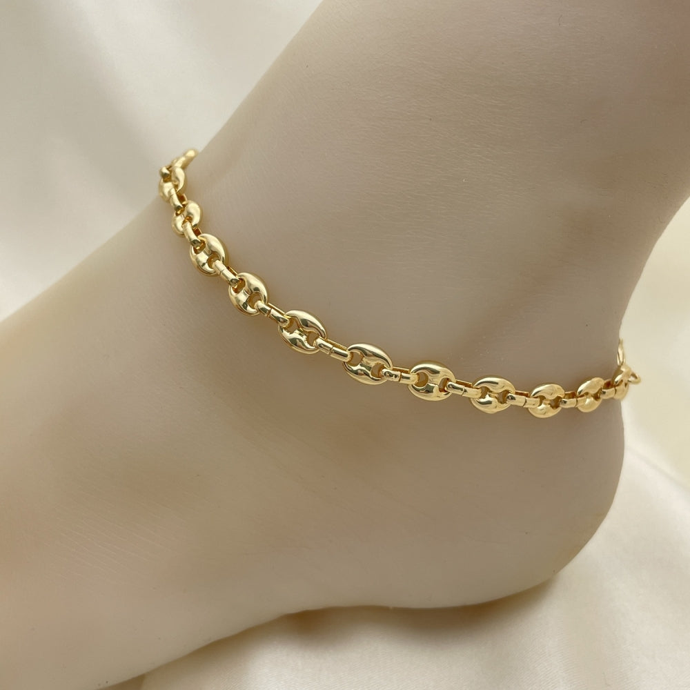 Oro Laminado Fancy Anklet, Gold Filled Style Puff Mariner Design, Polished, Golden Finish