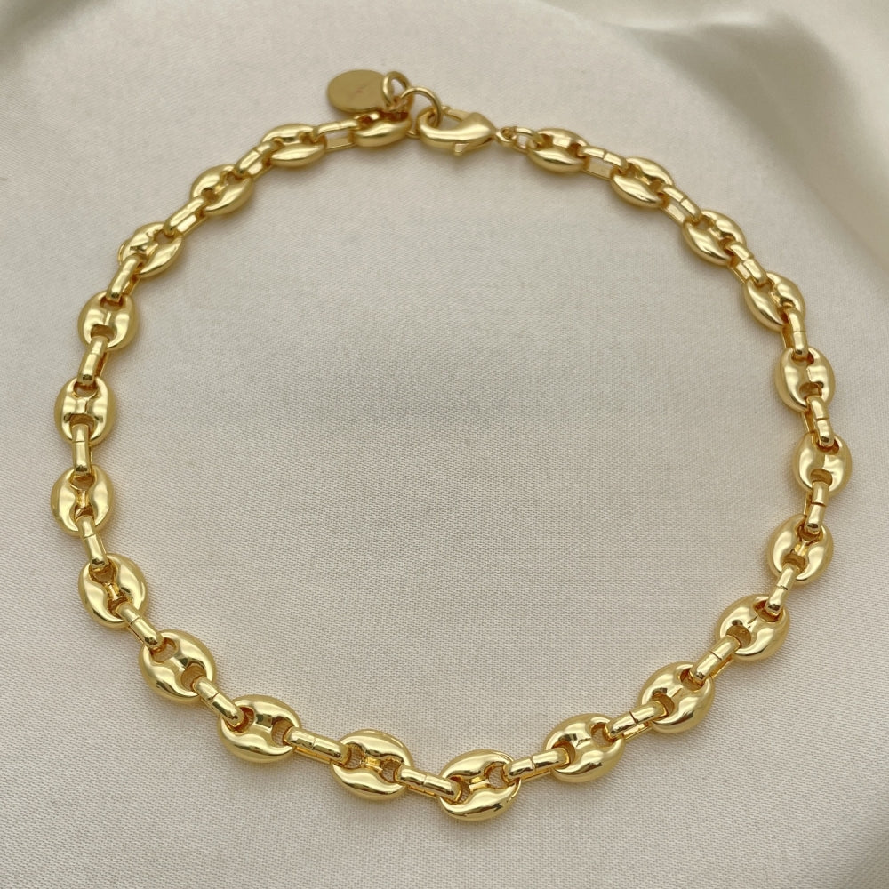 Oro Laminado Fancy Anklet, Gold Filled Style Puff Mariner Design, Polished, Golden Finish