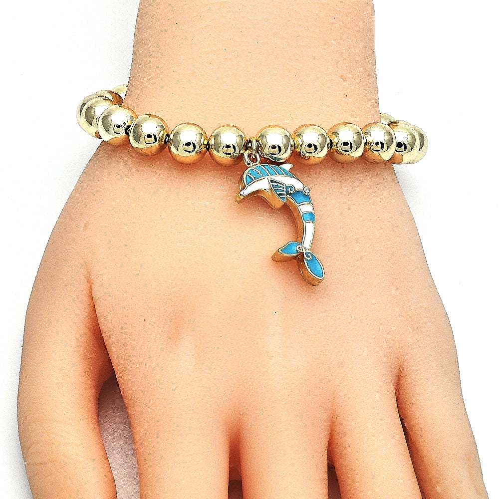Oro Laminado Adjustable Bolo Bracelet, Gold Filled Style Dolphin and Ball Design, with White Crystal, Turquoise Enamel Finish, Golden Finish