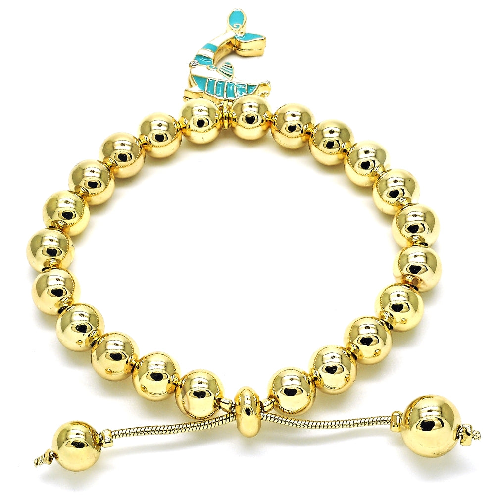 Oro Laminado Adjustable Bolo Bracelet, Gold Filled Style Dolphin and Ball Design, with White Crystal, Turquoise Enamel Finish, Golden Finish