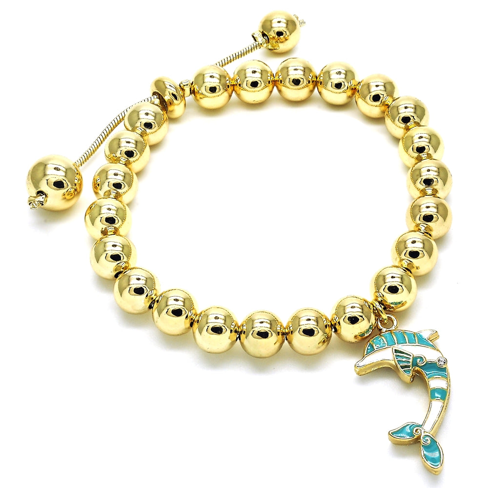Oro Laminado Adjustable Bolo Bracelet, Gold Filled Style Dolphin and Ball Design, with White Crystal, Turquoise Enamel Finish, Golden Finish