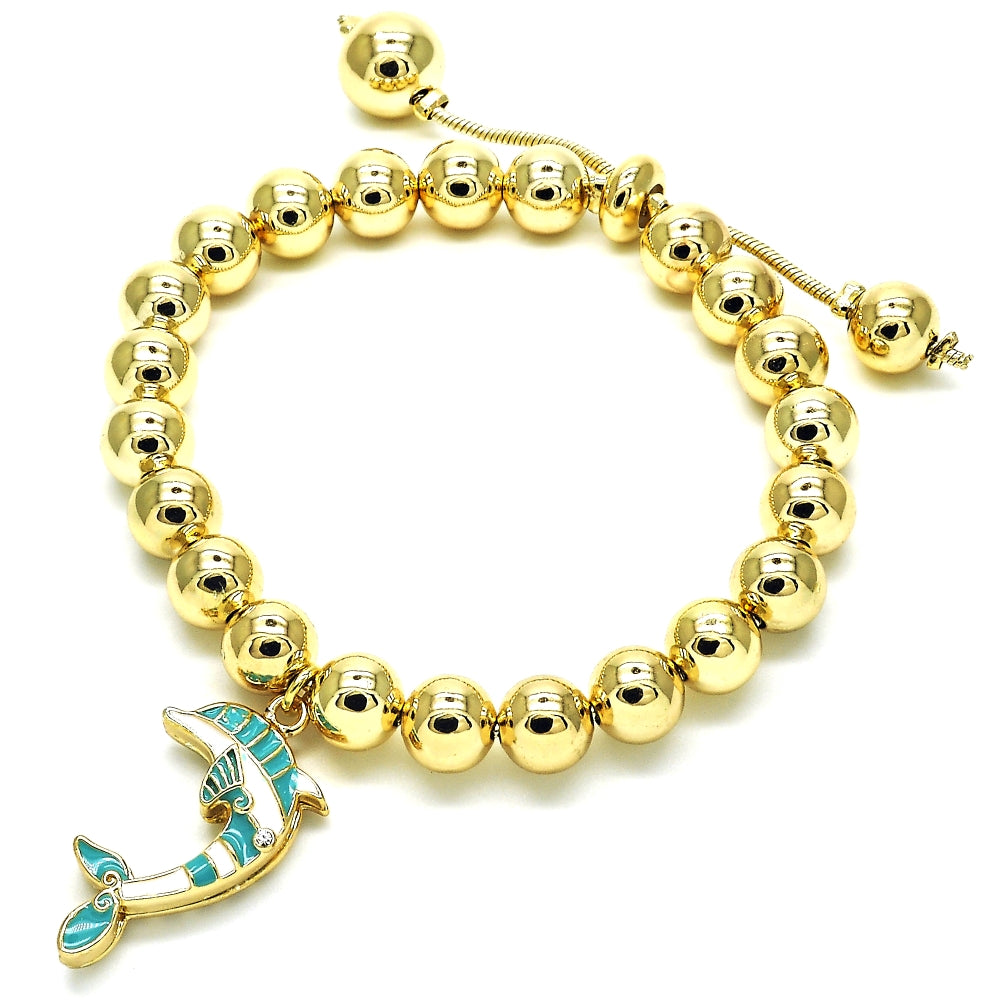 Oro Laminado Adjustable Bolo Bracelet, Gold Filled Style Dolphin and Ball Design, with White Crystal, Turquoise Enamel Finish, Golden Finish