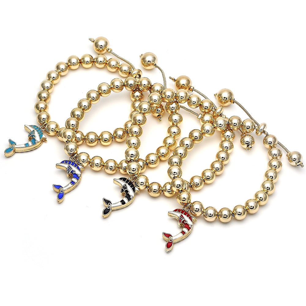 Oro Laminado Adjustable Bolo Bracelet, Gold Filled Style Dolphin and Ball Design, with White Crystal, Turquoise Enamel Finish, Golden Finish