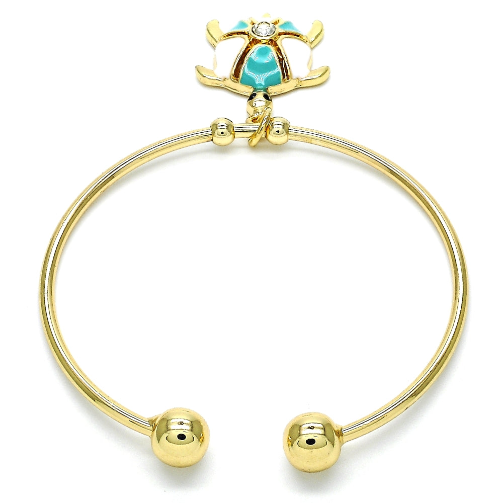 Oro Laminado Individual Bangle, Gold Filled Style Turtle Design, with White Crystal, Turquoise Enamel Finish, Golden Finish