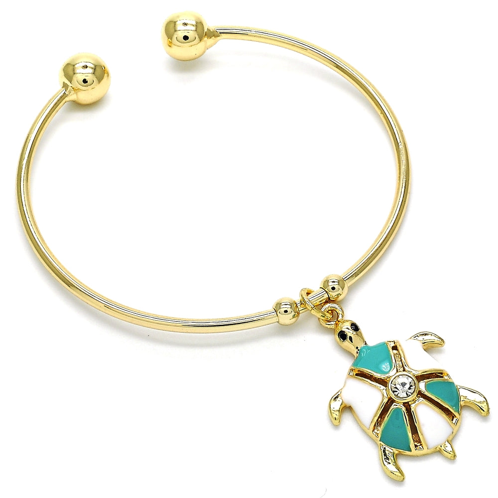 Oro Laminado Individual Bangle, Gold Filled Style Turtle Design, with White Crystal, Turquoise Enamel Finish, Golden Finish