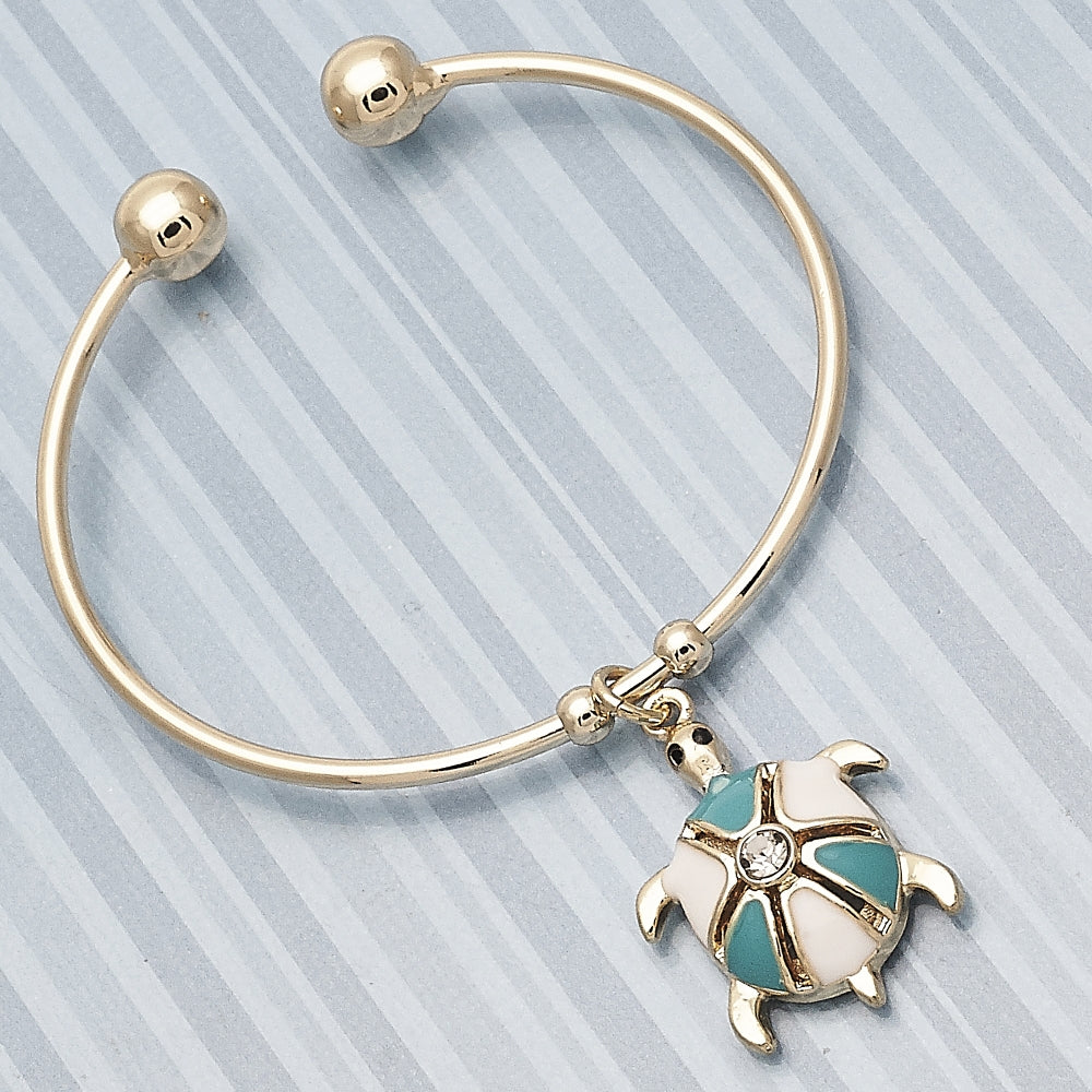 Oro Laminado Individual Bangle, Gold Filled Style Turtle Design, with White Crystal, Turquoise Enamel Finish, Golden Finish