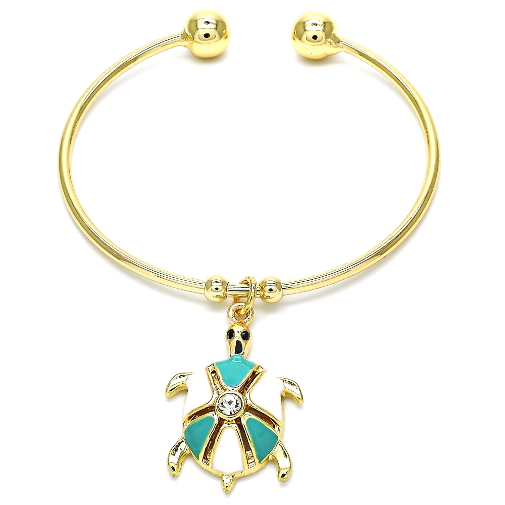 Oro Laminado Individual Bangle, Gold Filled Style Turtle Design, with White Crystal, Turquoise Enamel Finish, Golden Finish