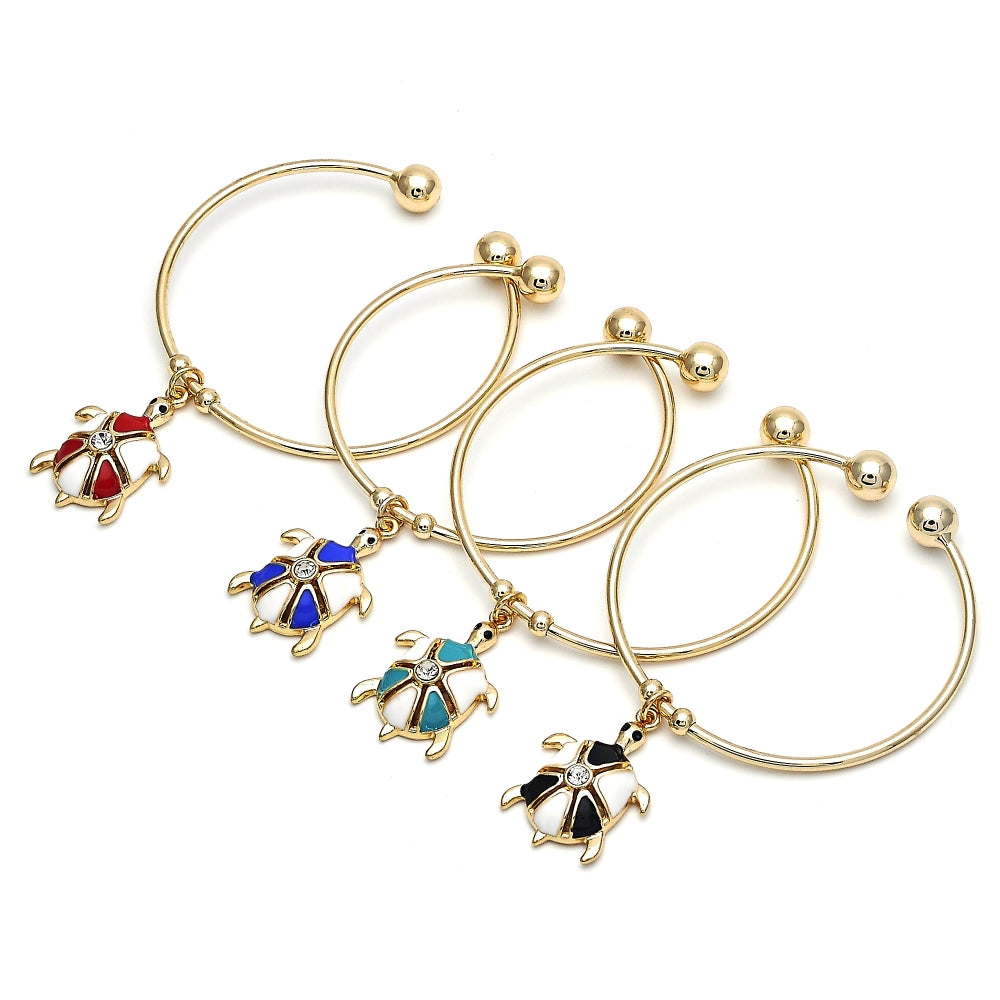 Oro Laminado Individual Bangle, Gold Filled Style Turtle Design, with White Crystal, Turquoise Enamel Finish, Golden Finish