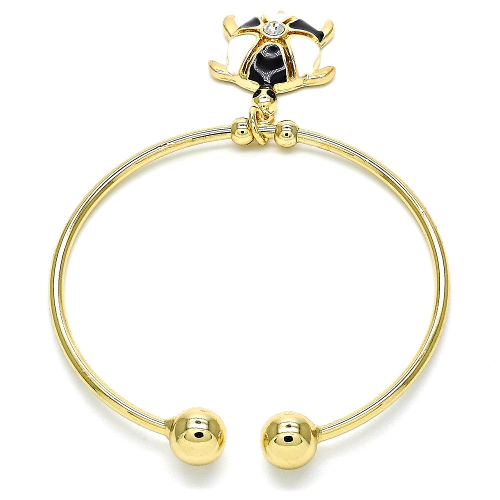 Oro Laminado Individual Bangle, Gold Filled Style Turtle Design, with White Crystal, Black Enamel Finish, Golden Finish