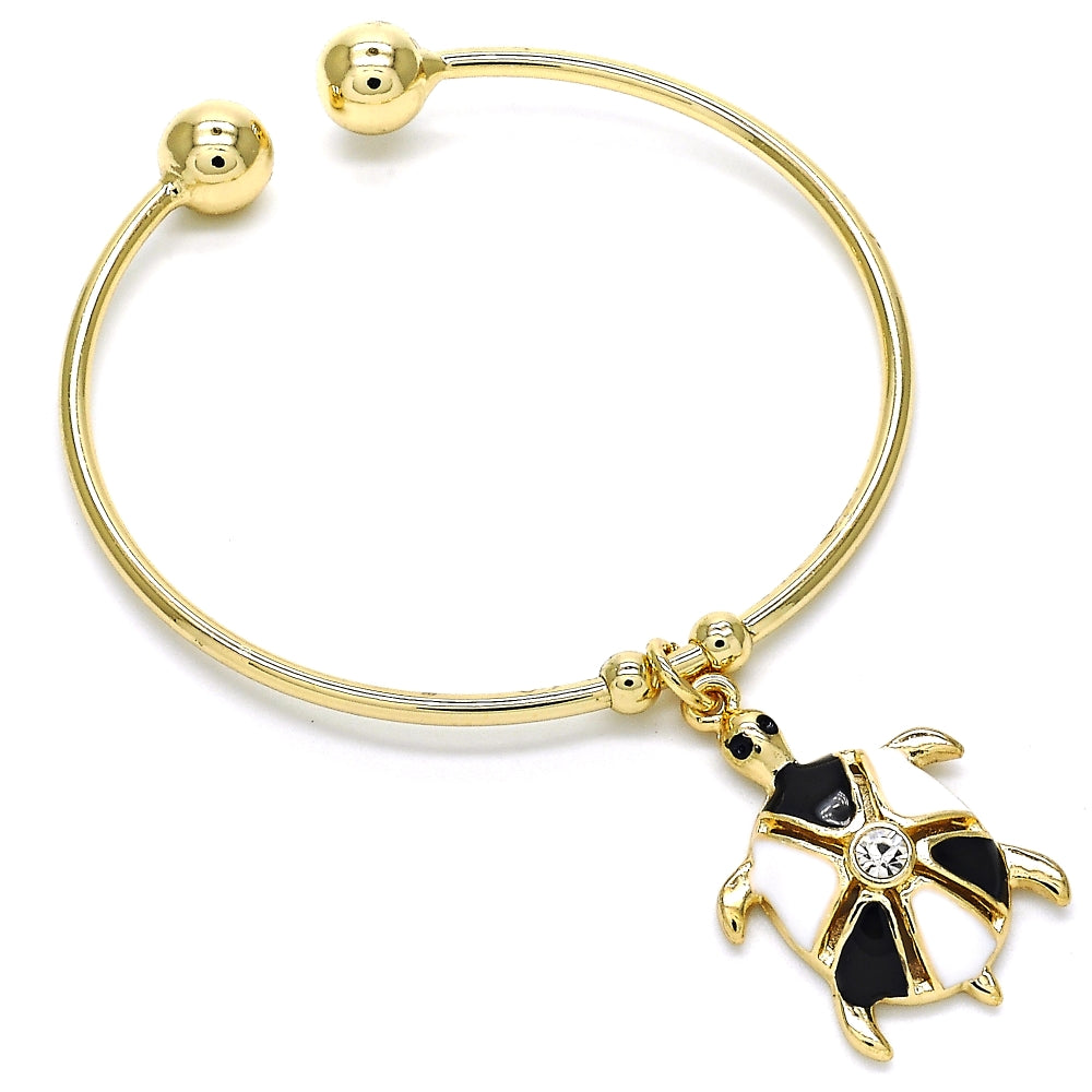 Oro Laminado Individual Bangle, Gold Filled Style Turtle Design, with White Crystal, Black Enamel Finish, Golden Finish