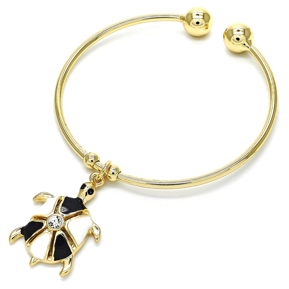 Oro Laminado Individual Bangle, Gold Filled Style Turtle Design, with White Crystal, Black Enamel Finish, Golden Finish