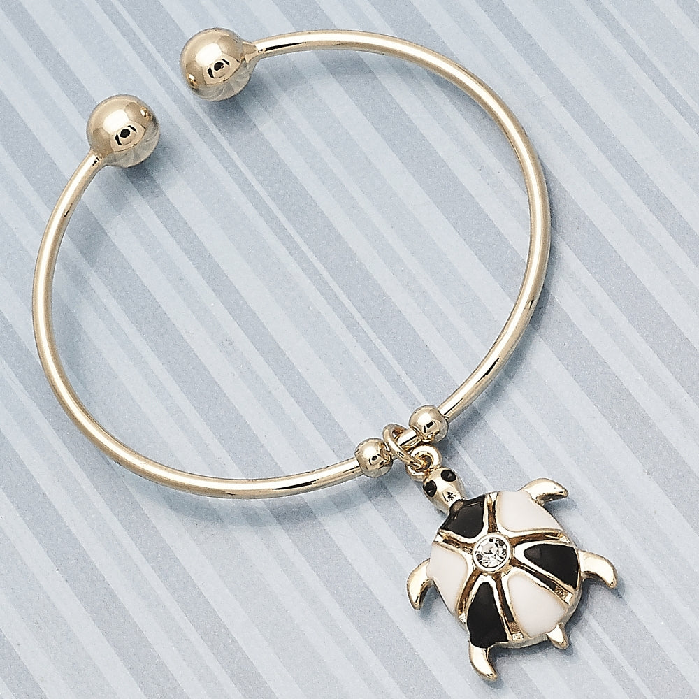 Oro Laminado Individual Bangle, Gold Filled Style Turtle Design, with White Crystal, Black Enamel Finish, Golden Finish