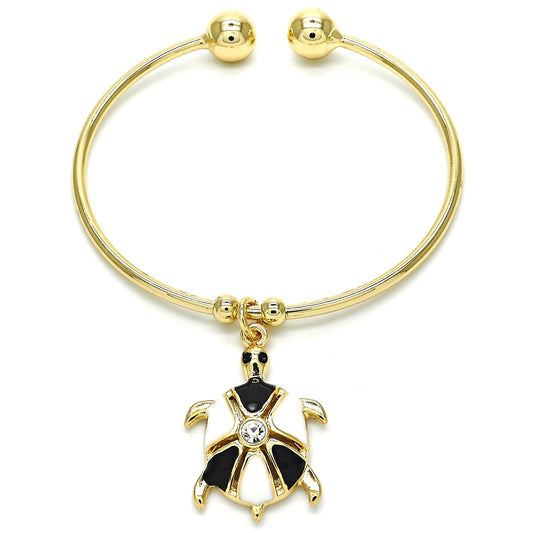 Oro Laminado Individual Bangle, Gold Filled Style Turtle Design, with White Crystal, Black Enamel Finish, Golden Finish