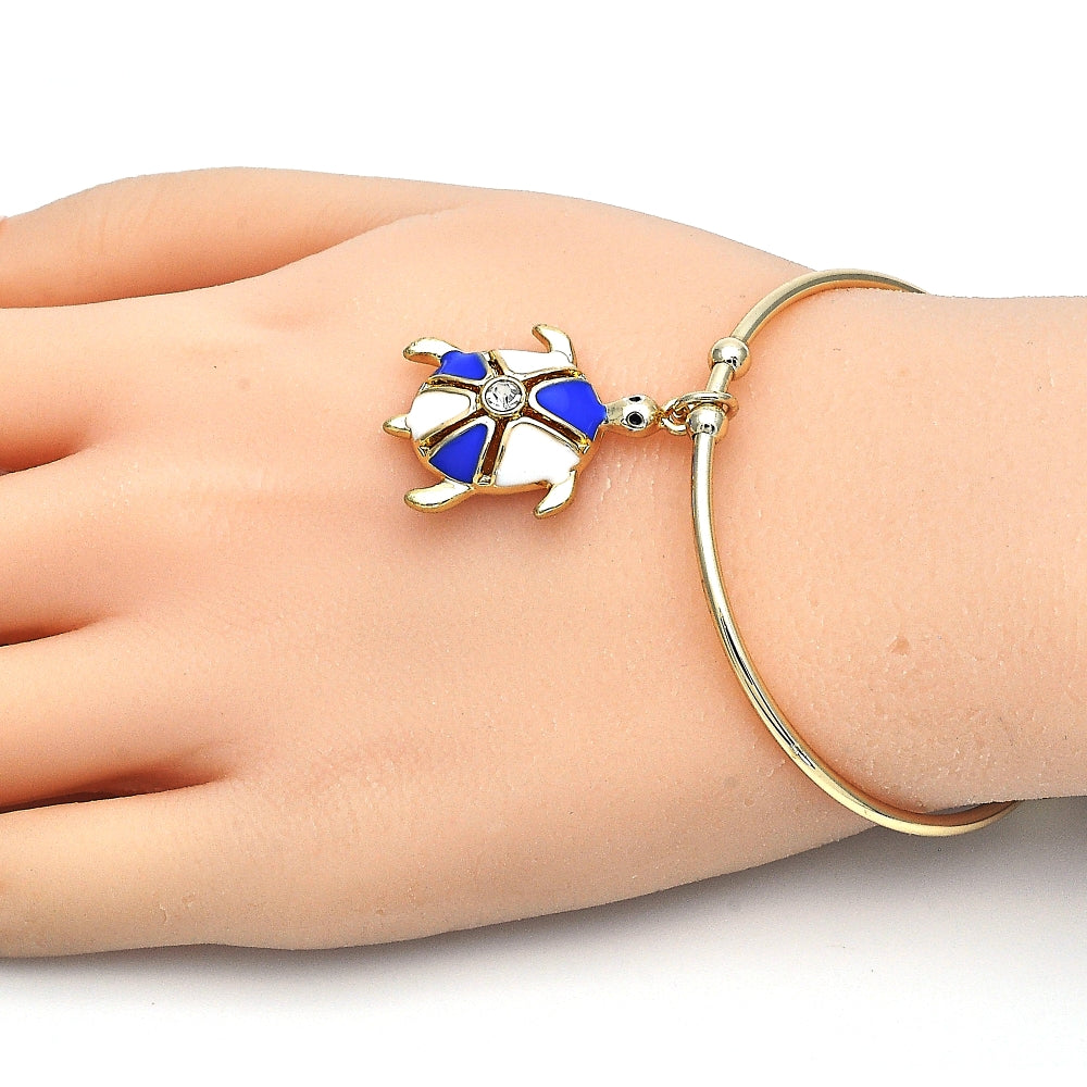 Oro Laminado Individual Bangle, Gold Filled Style Turtle Design, with White Crystal, Blue Enamel Finish, Golden Finish