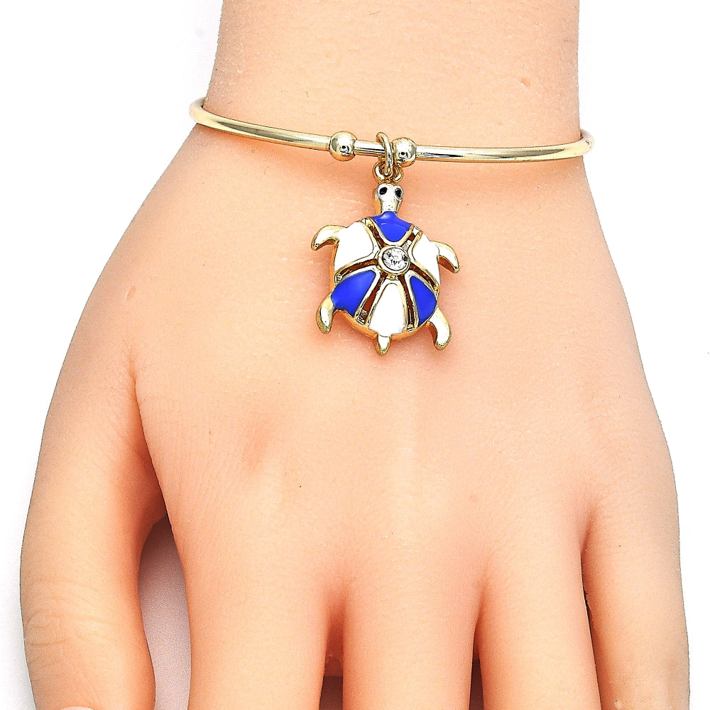 Oro Laminado Individual Bangle, Gold Filled Style Turtle Design, with White Crystal, Blue Enamel Finish, Golden Finish