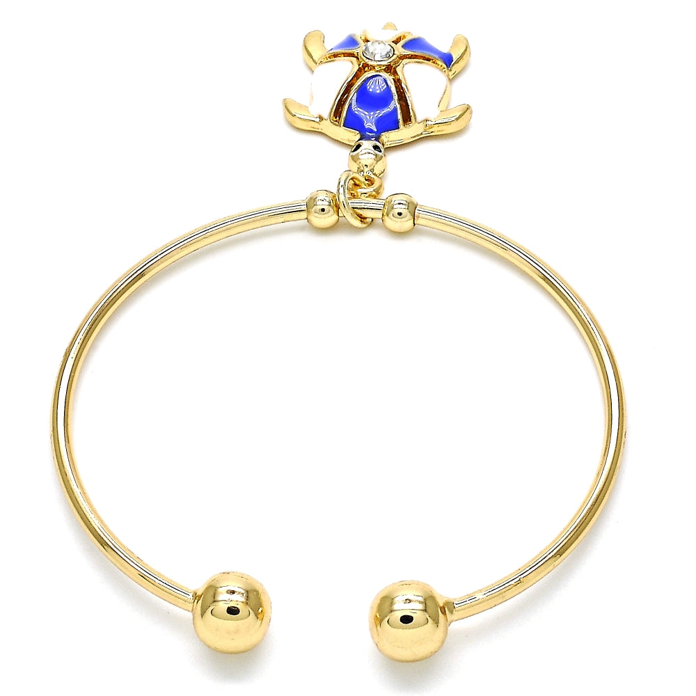 Oro Laminado Individual Bangle, Gold Filled Style Turtle Design, with White Crystal, Blue Enamel Finish, Golden Finish