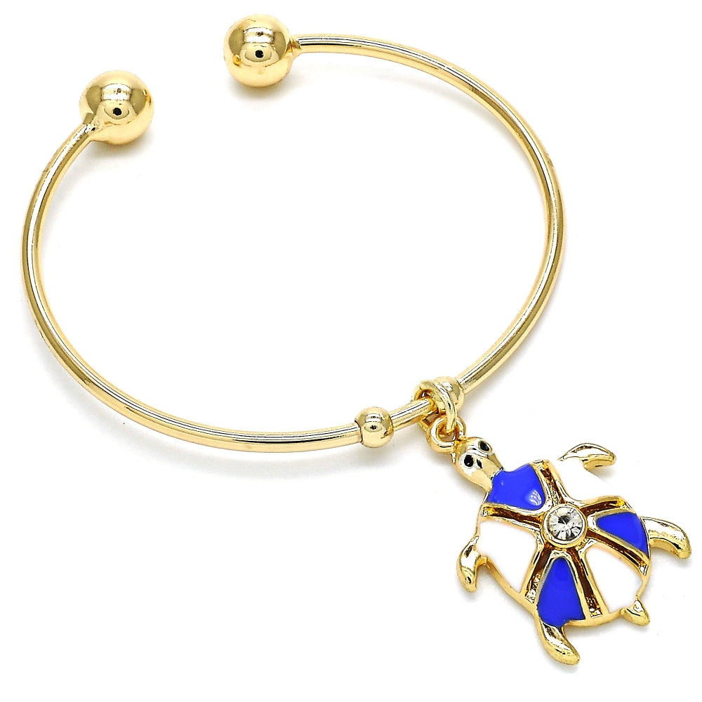 Oro Laminado Individual Bangle, Gold Filled Style Turtle Design, with White Crystal, Blue Enamel Finish, Golden Finish