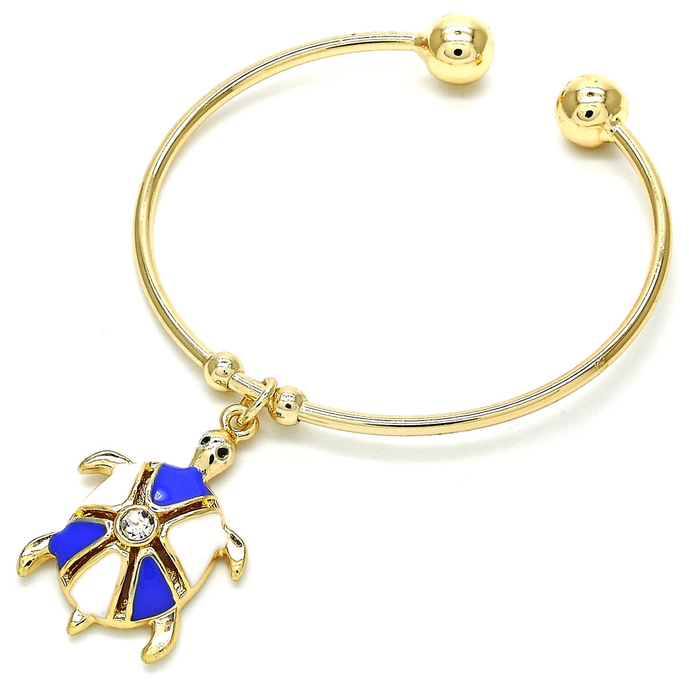 Oro Laminado Individual Bangle, Gold Filled Style Turtle Design, with White Crystal, Blue Enamel Finish, Golden Finish