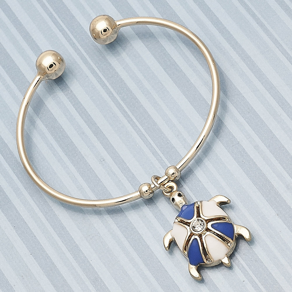 Oro Laminado Individual Bangle, Gold Filled Style Turtle Design, with White Crystal, Blue Enamel Finish, Golden Finish