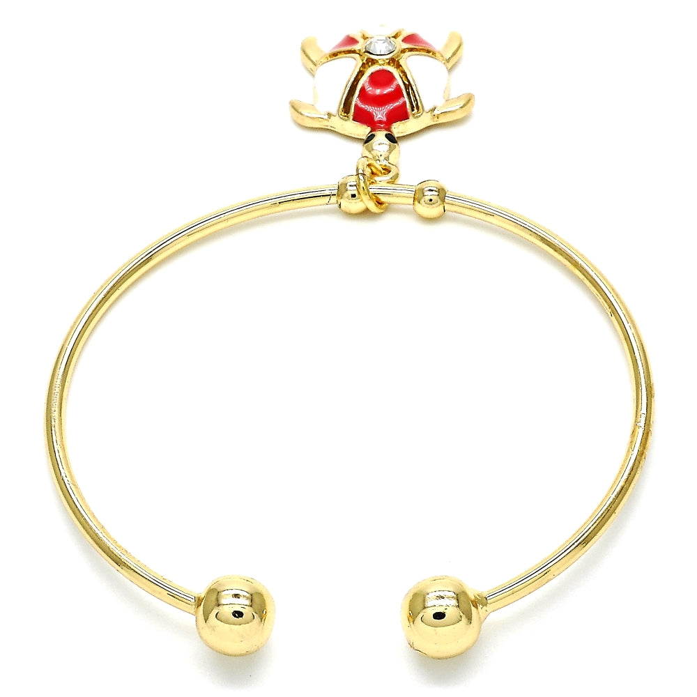 Oro Laminado Individual Bangle, Gold Filled Style Turtle Design, with White Crystal, Red Enamel Finish, Golden Finish