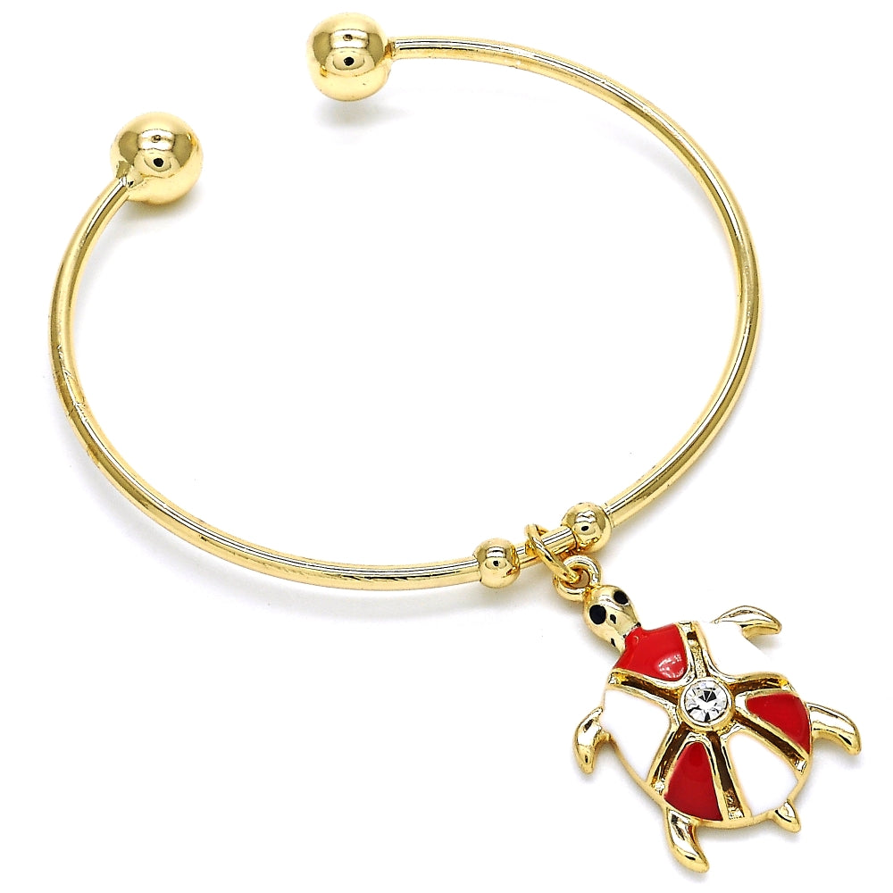 Oro Laminado Individual Bangle, Gold Filled Style Turtle Design, with White Crystal, Red Enamel Finish, Golden Finish