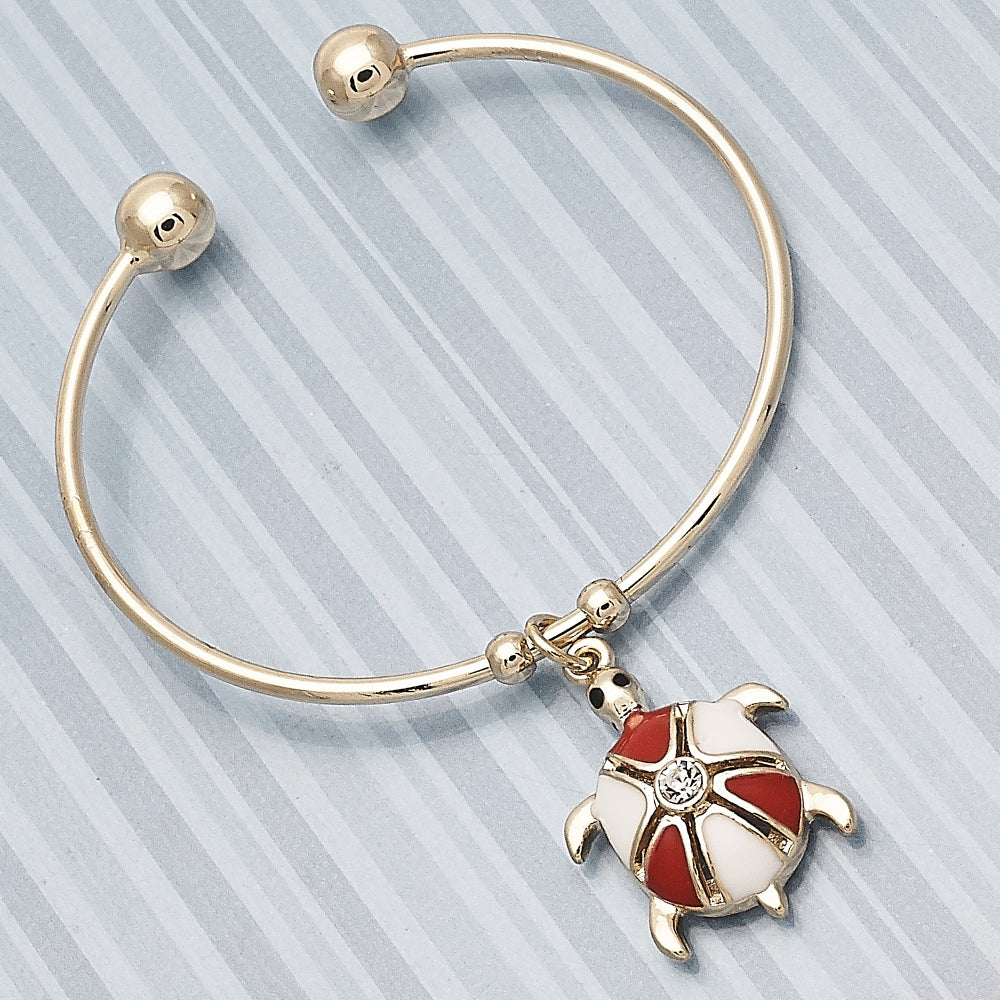Oro Laminado Individual Bangle, Gold Filled Style Turtle Design, with White Crystal, Red Enamel Finish, Golden Finish