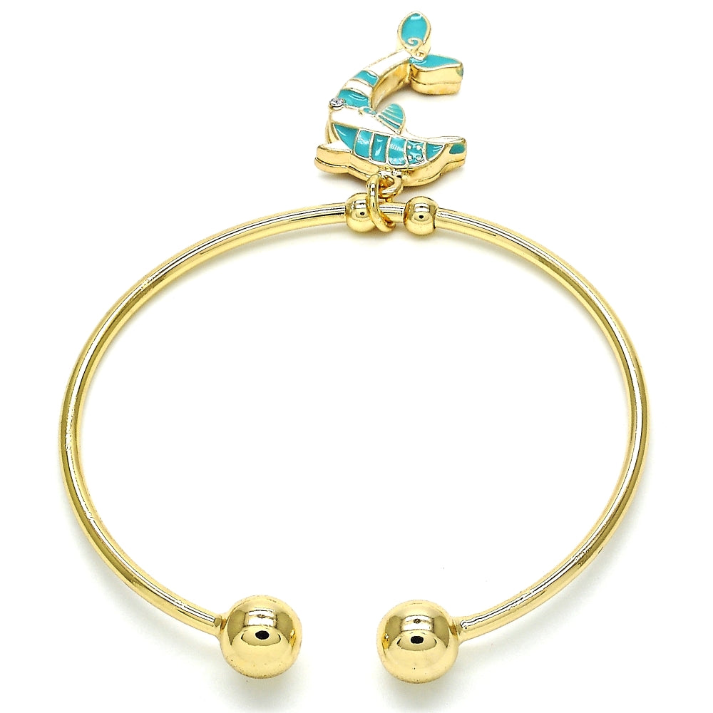 Oro Laminado Individual Bangle, Gold Filled Style Dolphin Design, with White Crystal, Turquoise Enamel Finish, Golden Finish