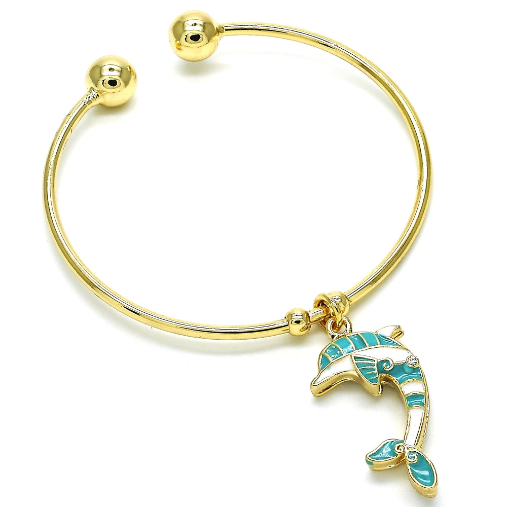 Oro Laminado Individual Bangle, Gold Filled Style Dolphin Design, with White Crystal, Turquoise Enamel Finish, Golden Finish