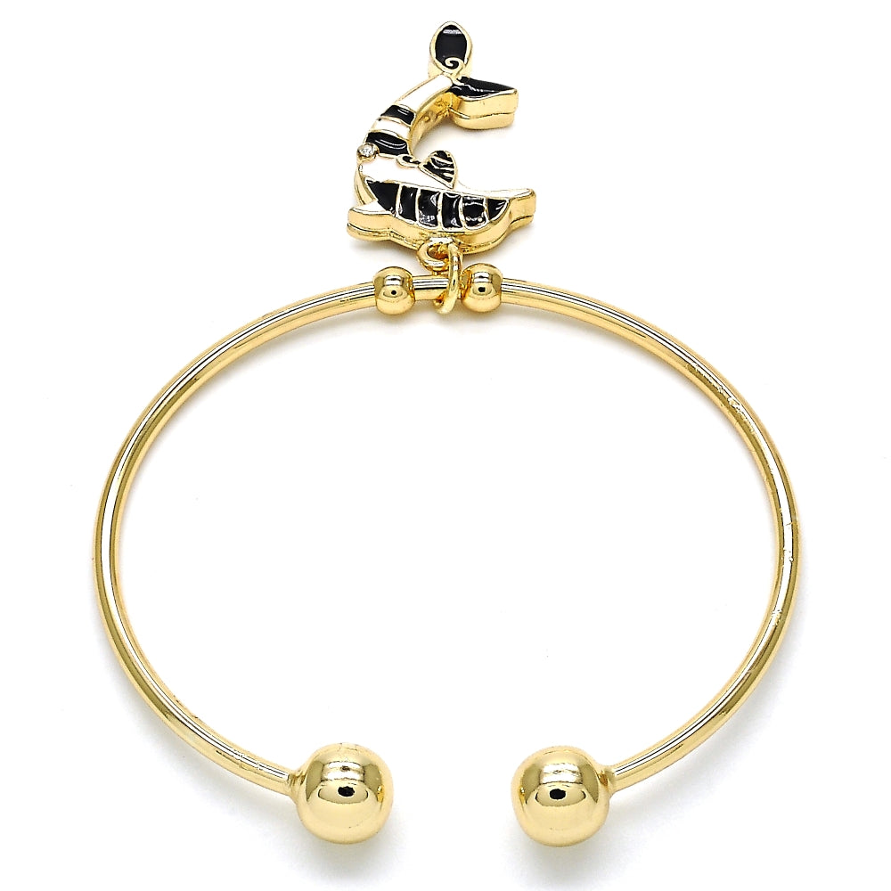 Oro Laminado Individual Bangle, Gold Filled Style Dolphin Design, with White Crystal, Black Enamel Finish, Golden Finish