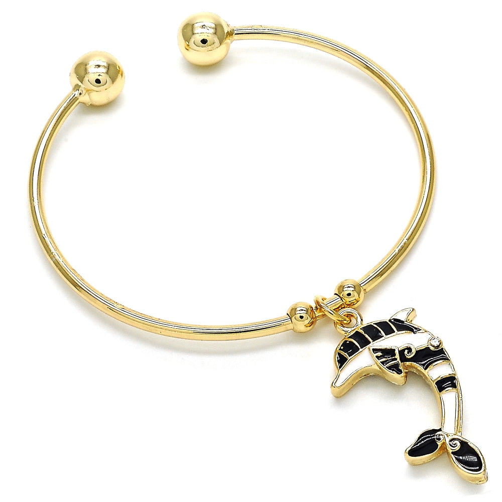 Oro Laminado Individual Bangle, Gold Filled Style Dolphin Design, with White Crystal, Black Enamel Finish, Golden Finish