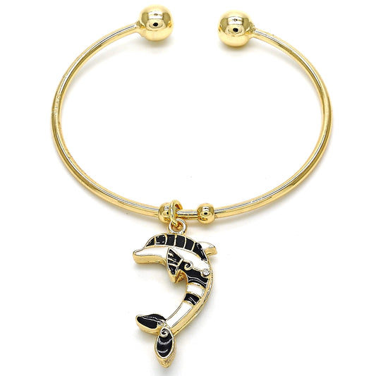 Oro Laminado Individual Bangle, Gold Filled Style Dolphin Design, with White Crystal, Black Enamel Finish, Golden Finish