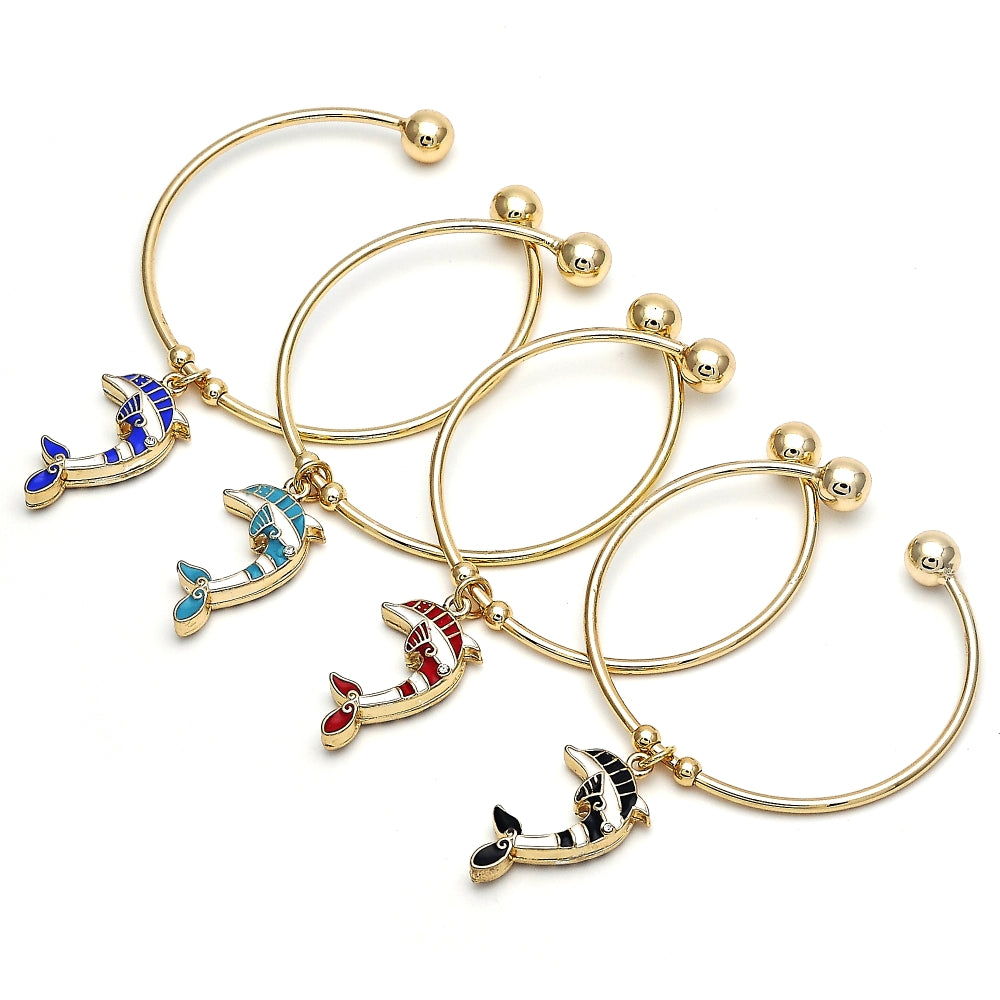 Oro Laminado Individual Bangle, Gold Filled Style Dolphin Design, with White Crystal, Black Enamel Finish, Golden Finish