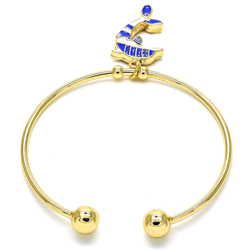 Oro Laminado Individual Bangle, Gold Filled Style Dolphin Design, with White Crystal, Blue Enamel Finish, Golden Finish