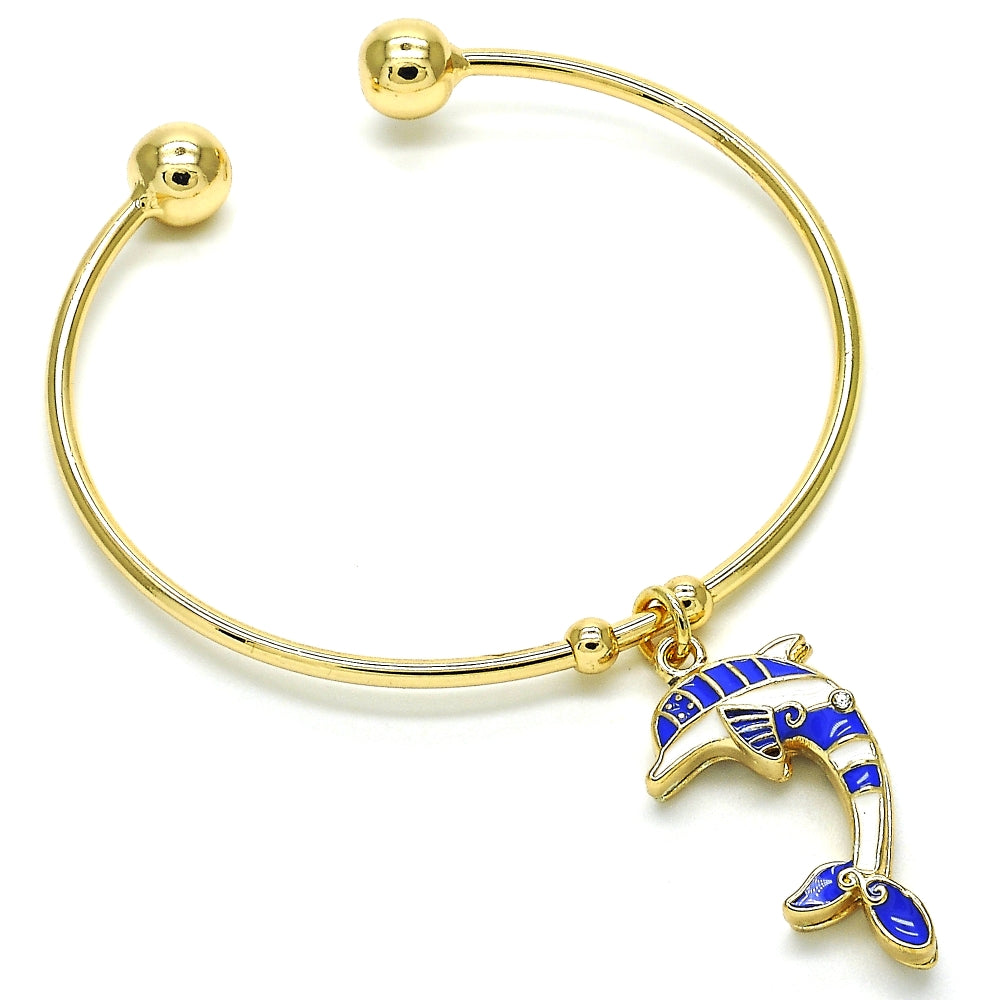 Oro Laminado Individual Bangle, Gold Filled Style Dolphin Design, with White Crystal, Blue Enamel Finish, Golden Finish
