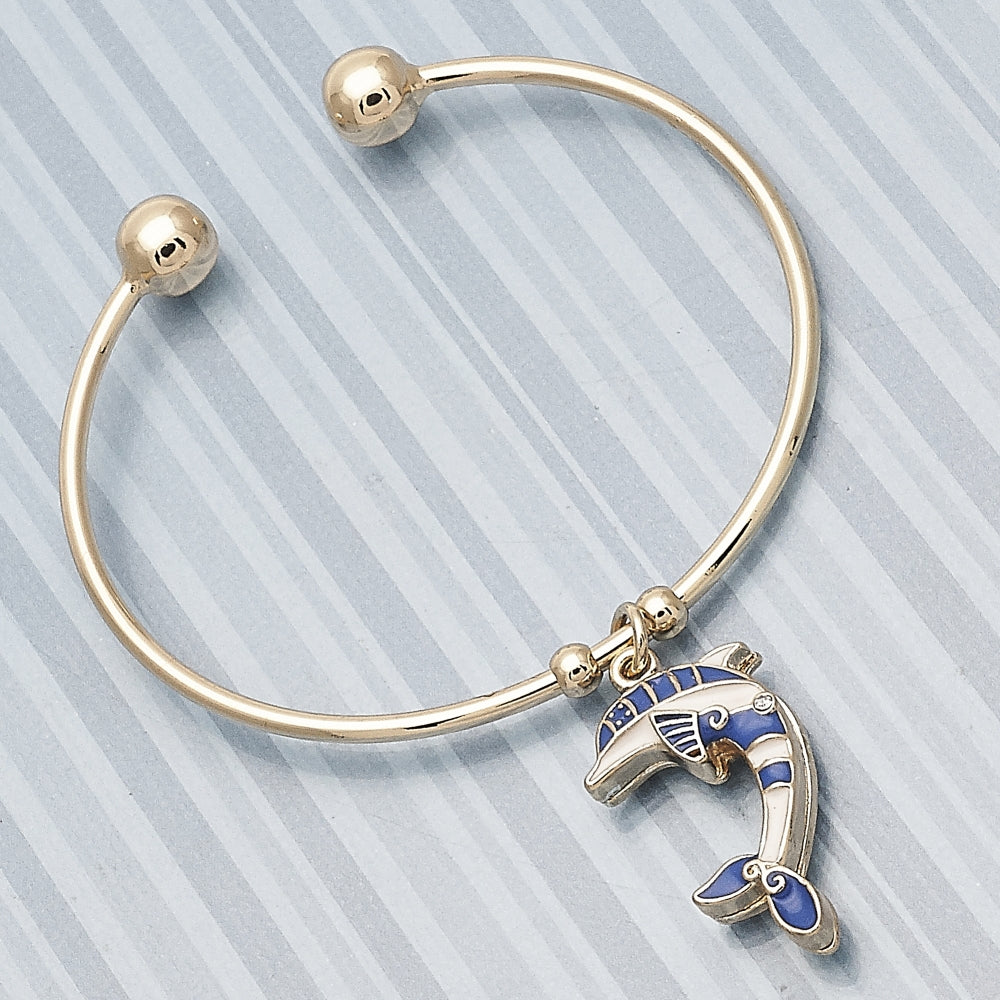 Oro Laminado Individual Bangle, Gold Filled Style Dolphin Design, with White Crystal, Blue Enamel Finish, Golden Finish