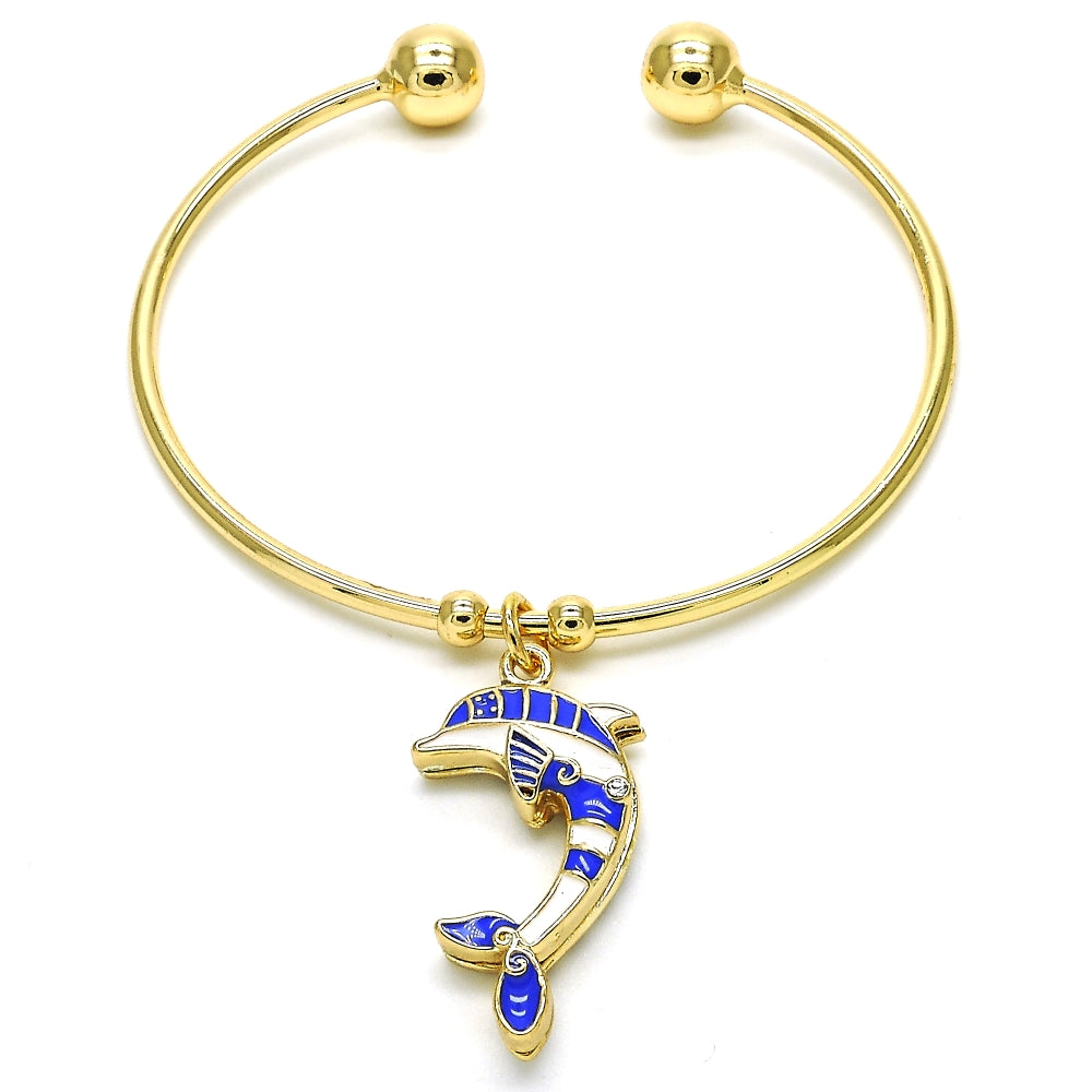 Oro Laminado Individual Bangle, Gold Filled Style Dolphin Design, with White Crystal, Blue Enamel Finish, Golden Finish
